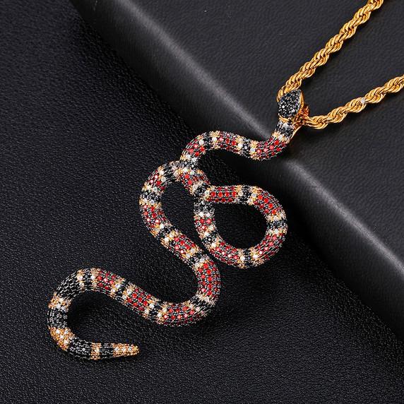 White Gold 18k Gold Bling AAA Micro Pave Coral Snake Serpent Hip Hop Pendant Chain Necklace