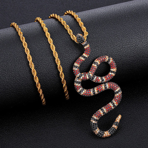 White Gold 18k Gold Bling AAA Micro Pave Coral Snake Serpent Hip Hop Pendant Chain Necklace