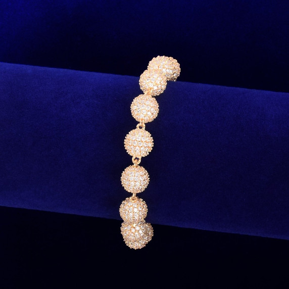 24k Gold .925 Silver 10mm Flooded Ice AAA Micro Pave Ball Round Bead Hip Hop Bracelet
