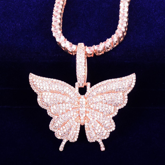 Beautiful Butterfly AAA Micro Pave 18k Rose Gold 925 Silver Chain Necklace