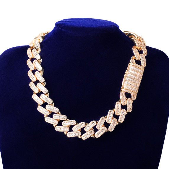 Mens Bling 24k Flooded Ice 20MM Baguette Miami Cuban Link Hip Hop Chains