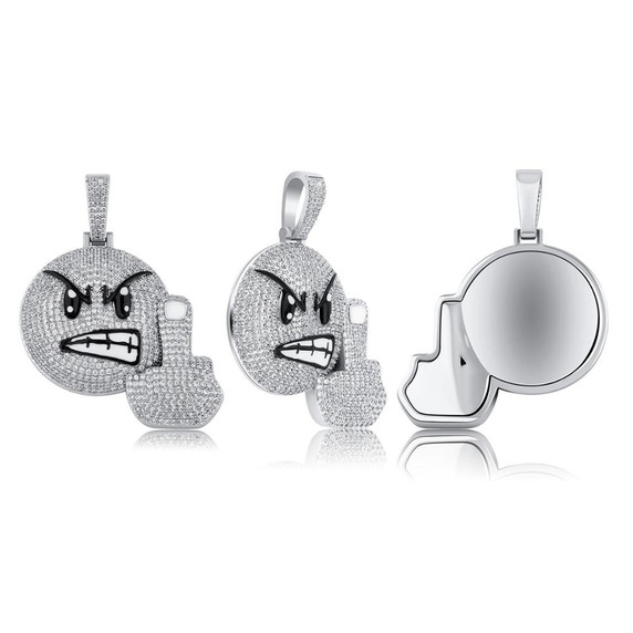 Mens New Bling Angry Face Middle Finger Emoji AAA Simulate Diamond Flooded Ice Pendant