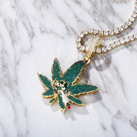 Flooded Ice Green Smoking Leaf Hip Hop Weed Pendant Bling Chain Necklace