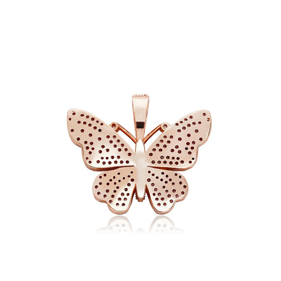 Ladies Bling Bling AAA Micro Pave 14k 925 Rose Gold Hip Hop Butterfly Pendant Necklace