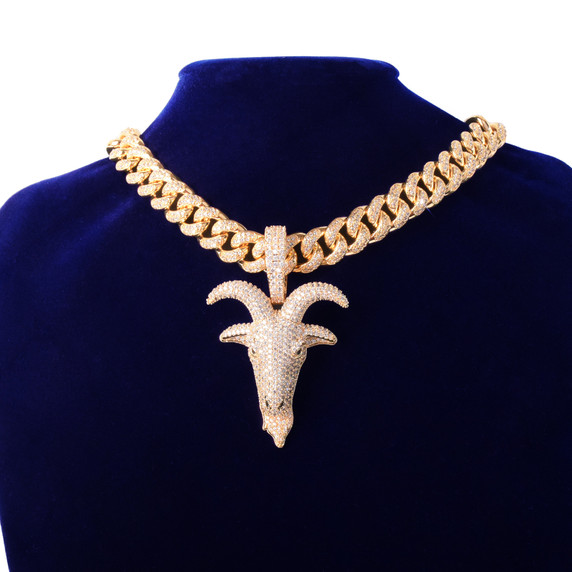 18k Gold Silver Bling Cuban Link Baphomet Goat Sheep Head Street Rock Hip Hop Pendant Chain Necklace