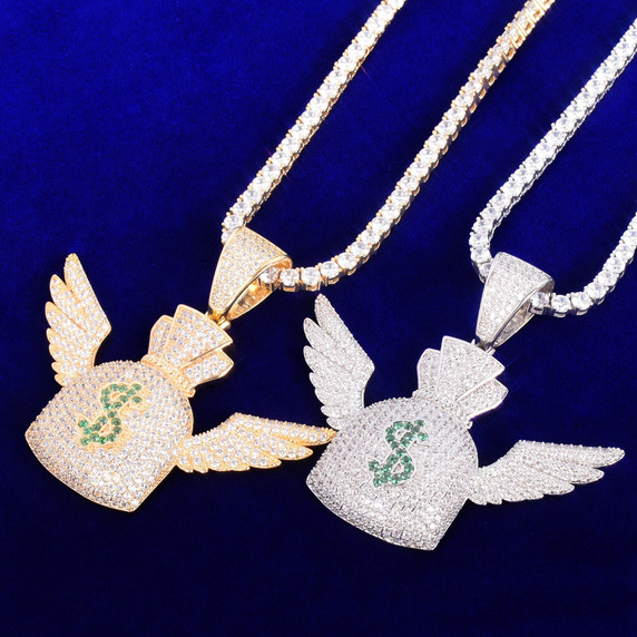 Money Flying To Me Dollar Sign Wings Money Bag Gold Silver Rose Gold Hip Hop Pendant