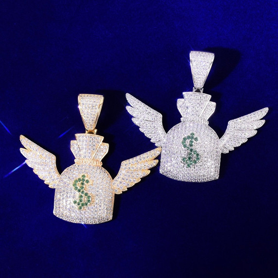 Money Flying To Me Dollar Sign Wings Money Bag Gold Silver Rose Gold Hip Hop Pendant