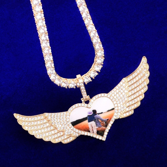 18k Gold 925 Silver Rose Gold Solid Back Wings Big Heart Custom Photo Pendant Chain Necklaces