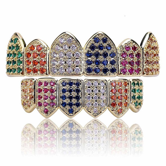 14k Gold 925 Silver Multi Color Rainbow Iced Prong Set Bling Bling Teeth Grillz