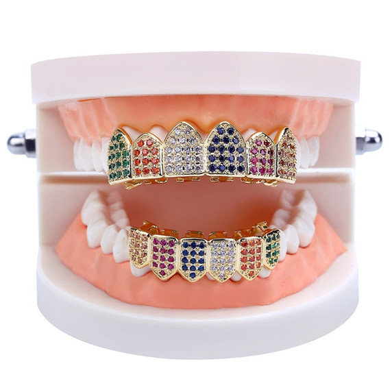 14k Gold 925 Silver Multi Color Rainbow Iced Prong Set Bling Bling Teeth Grillz