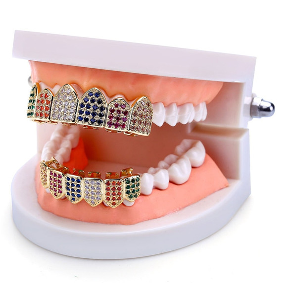 14k Gold 925 Silver Multi Color Rainbow Iced Prong Set Bling Bling Teeth Grillz