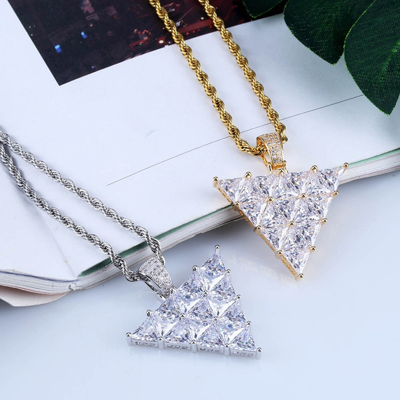 Flooded Ice Princess Cut Inverted Triangle All Iced Pendant Chain Necklace