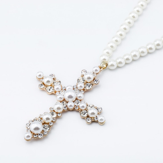 Ladies New Fashion White Pearl Strand Simulate Diamond Vintage look Cross Necklace