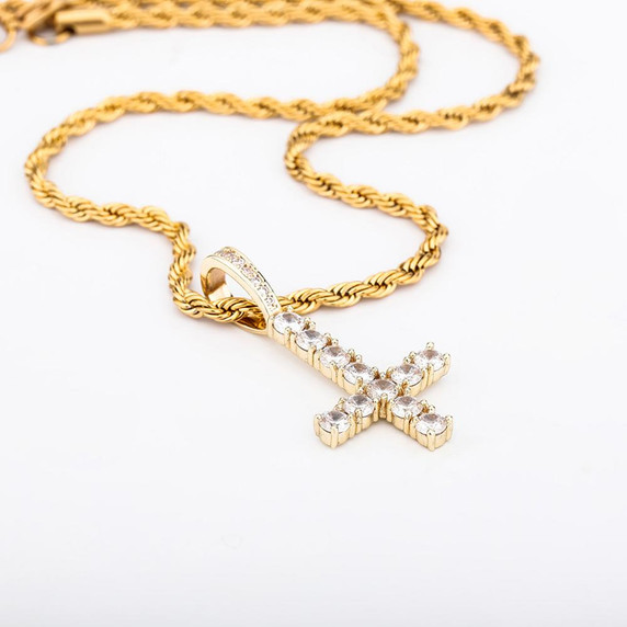 Mens Rose Gold 14k 925 Silver Cluster Stone Upside Down Single Peter Cross Pendant Chain Necklace