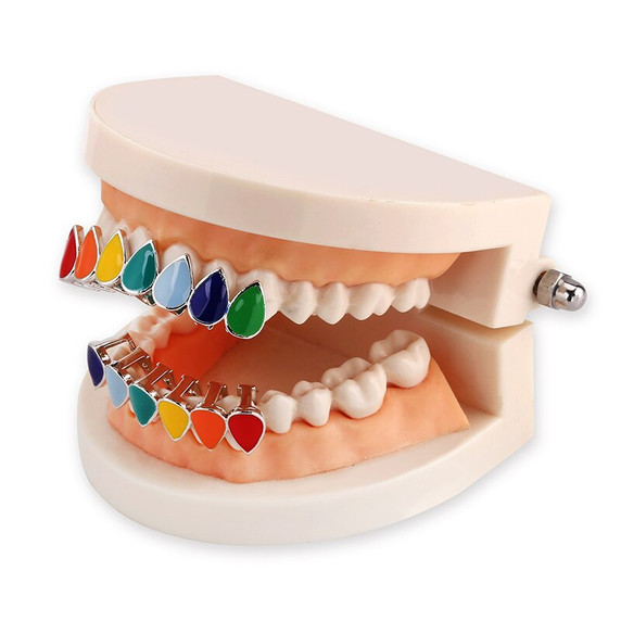 Hip Hop Rainbow Tear Drops 14k Gold .925 Silver  Grillz Top Bottom Teeth Grill Set