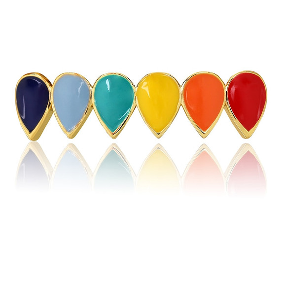 Hip Hop Rainbow Tear Drops 14k Gold .925 Silver  Grillz Top Bottom Teeth Grill Set