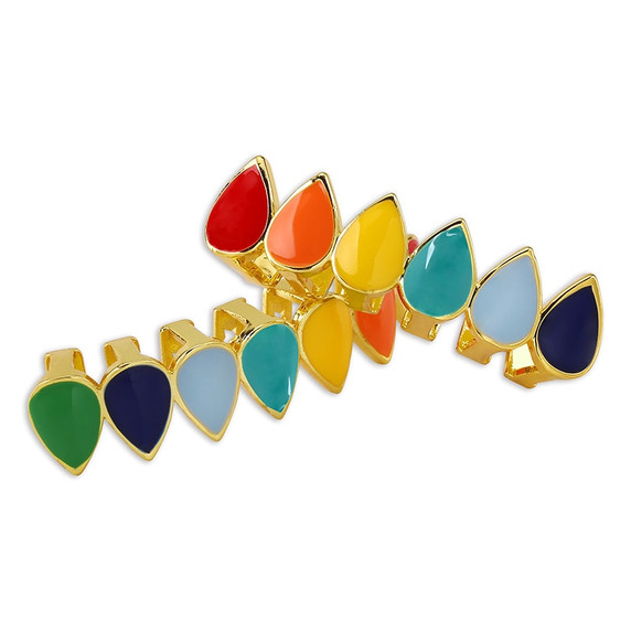 Hip Hop Rainbow Tear Drops 14k Gold .925 Silver  Grillz Top Bottom Teeth Grill Set