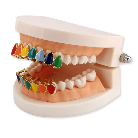 Hip Hop Rainbow Tear Drops 14k Gold .925 Silver  Grillz Top Bottom Teeth Grill Set