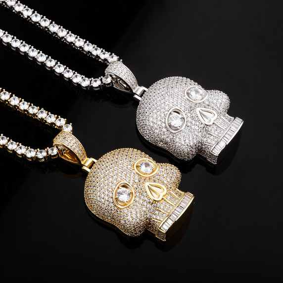 Totally Iced Full Micro Pave Stone Eye Hip Hop Skull Pendant Chain Necklaces