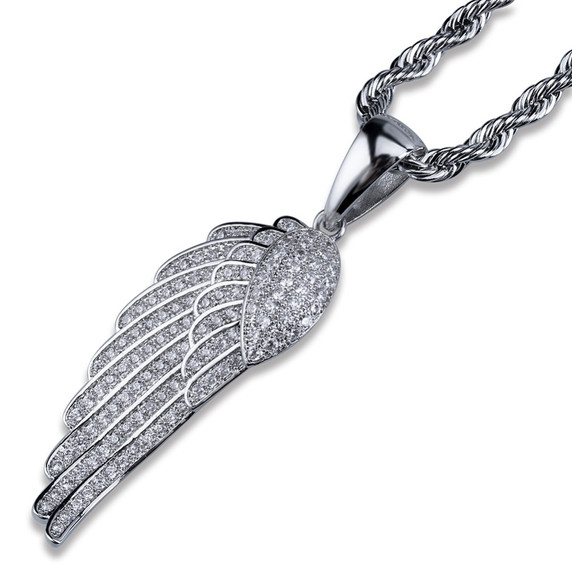 14k Gold 925 Silver Flooded Ice Angel Wings Hip Hop Pendant Chain Necklace