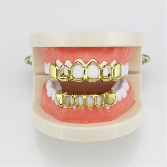 14k Silver Rose Gold Black Hematite Open Face Hip Hop Full mouth Grillz Teeth Gills Set