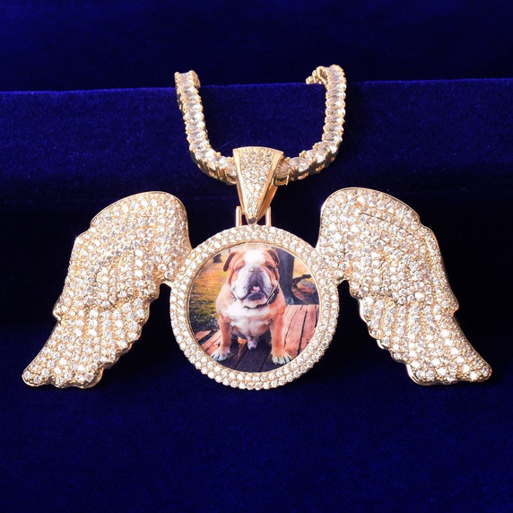 18k Gold 925 Silver Flooded Ice Solid Back Angel Wings Memory Picture Photo Pendant