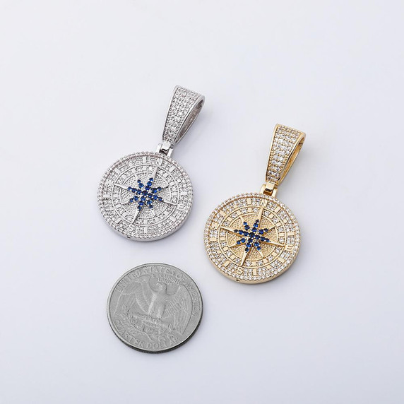 Hip Hop True Micro Pave Flooded Ice Compass Pendant Chain Necklace
