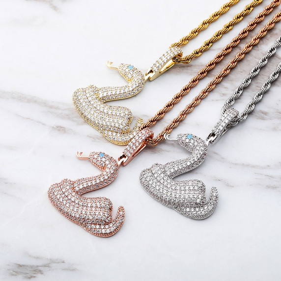 AAA True Micro Pave Coiled Snake Hip Hop Pendant Chain Necklace