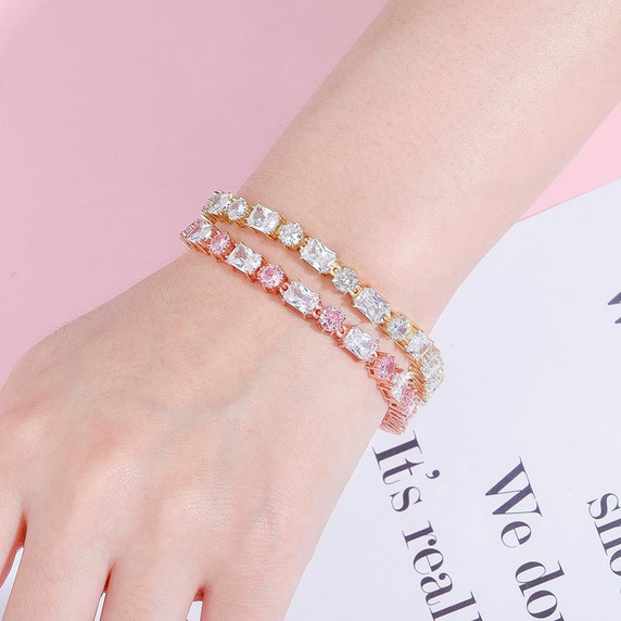 Ladies Silver Pink High Quality Square Round 6mm Fashion Bling Baguette Bracelet