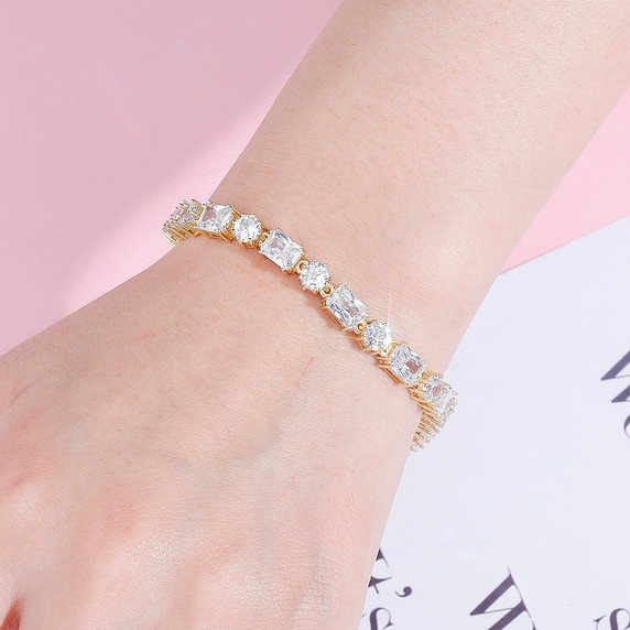 Ladies Silver Pink High Quality Square Round 6mm Fashion Bling Baguette Bracelet