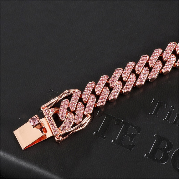 Hip Hop 12MM Paved Pink Rose AAA Flooded Ice Miami Cuban Link Bracelet