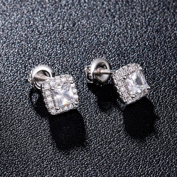 Flooded Ice Square AAA Center Stone 14k Gold 925 Silver Earrings