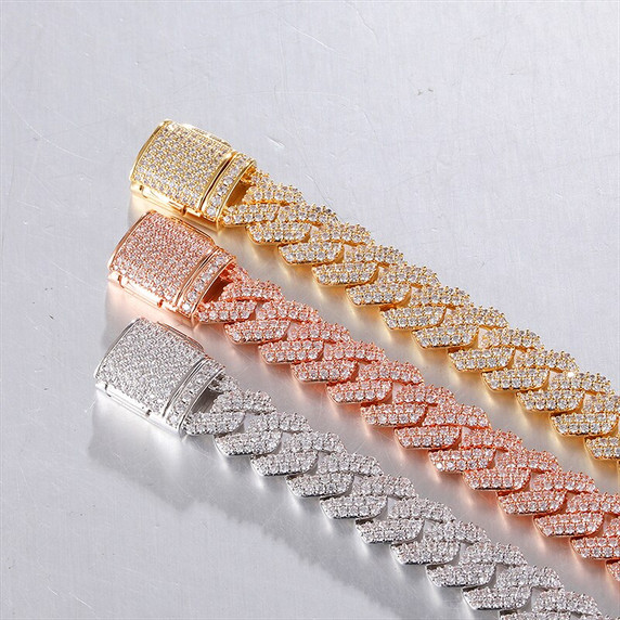 925 Silver 14k Rose Gold Hip Hop 10MM 2 Row Heavy Cuban Micro Pave Bling Box Buckle Bracelet