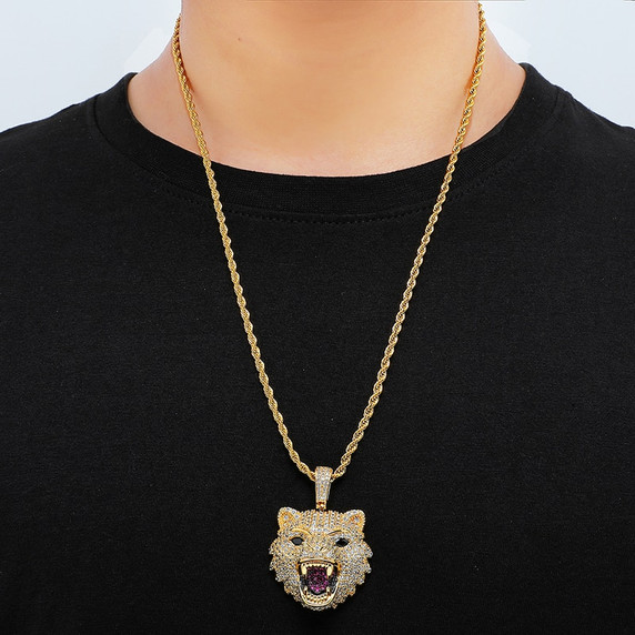 Hip Hop 14k Gold White Gold Flooded Ice Wolf Head Bling Pendant Chain Necklace