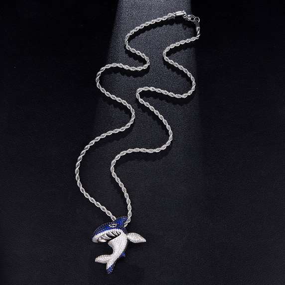 True Micro Pave Flooded Ice Fighting Blue Shark Hip Hop Pendant Chain Necklace
