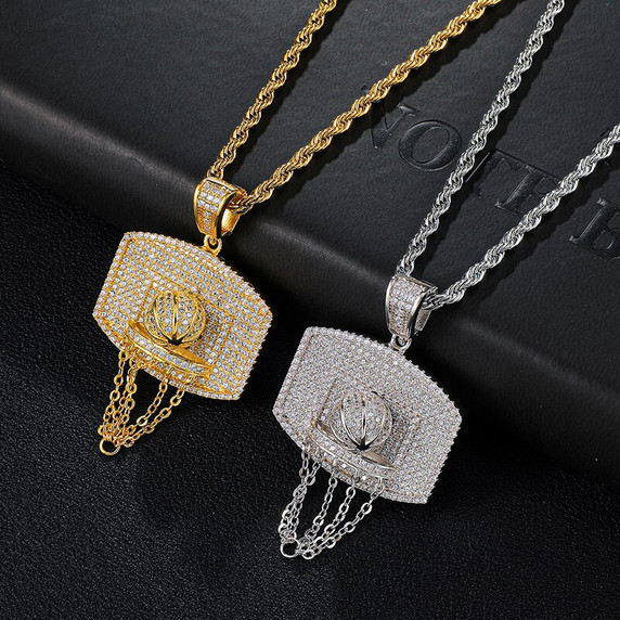 Iced Full Micro Pave Basketball Hoop Backboard Nets Hip Hop Pendant Chain Necklace