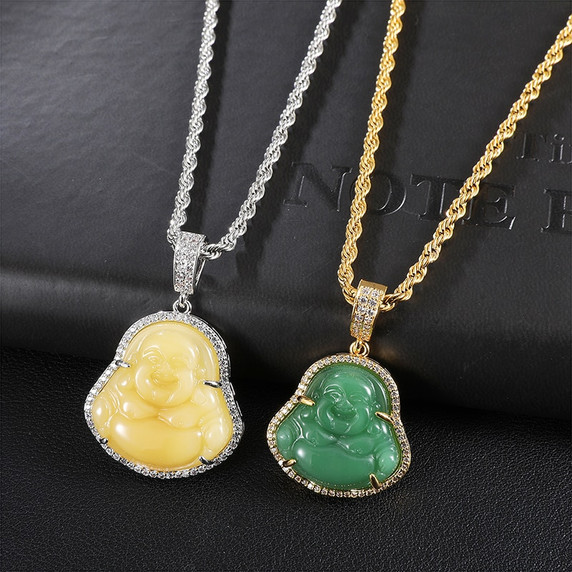 14k Gold Stainless Steel Hip Hop 8 Colors Flooded Ice Buddha Pendant Chain Necklace