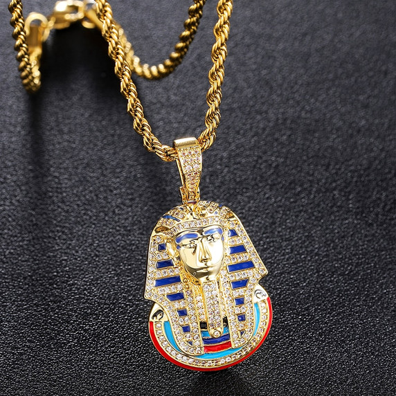 Ancient African Egyptian Pharaoh Flooded Ice Hip Hop Pendant Chain Necklace 