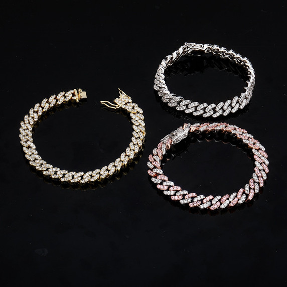 8mm Miami Cuban Link Classic Hip Hop 14k Gold 925 Silver Flooded Ice Bracelet