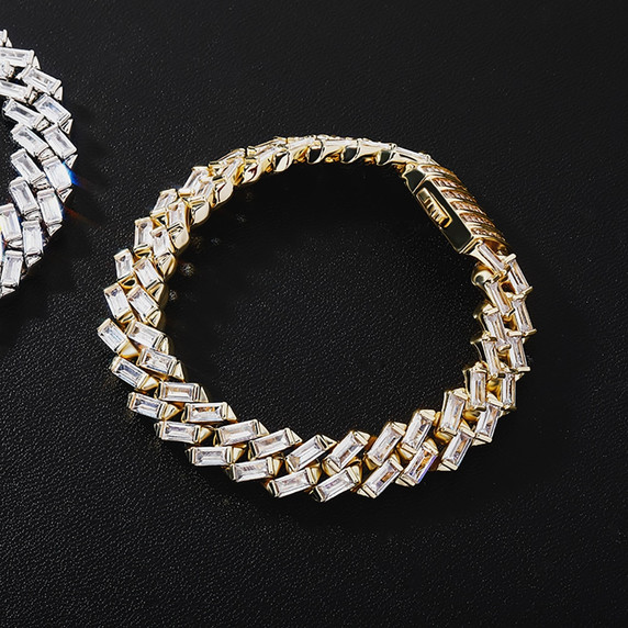 Channel Set 12MM All Baguette Cuban Link Hip Hop White Yellow Gold Bling Bracelet