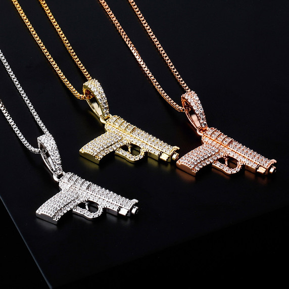 Ride or Die Hip Hop 925 Sterling Silver Rose Gold 14k Hip Hop Gun 380 Pistol Bling Pendant