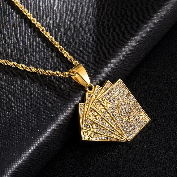 14k Gold AAA Cluster Stone Flooded Ice Bling Hearts Poker Stainless Steel Hip Hop Pendant Chain Necklace