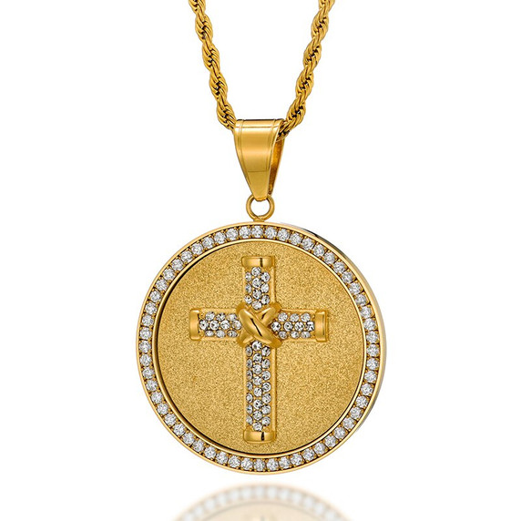 14k Gold over Titanium Stainless Steel Flooded Ice Circle Cross Hip Hop Pendant Chain 