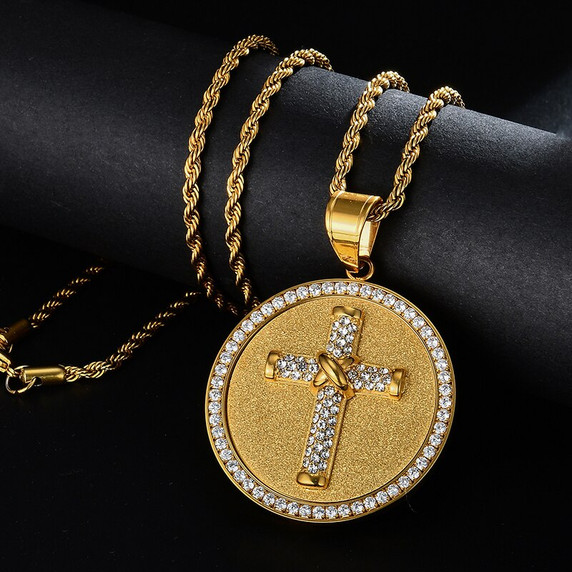 14k Gold over Titanium Stainless Steel Flooded Ice Circle Cross Hip Hop Pendant Chain