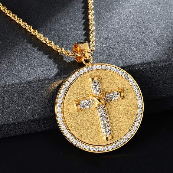 14k Gold over Titanium Stainless Steel Flooded Ice Circle Cross Hip Hop Pendant Chain 