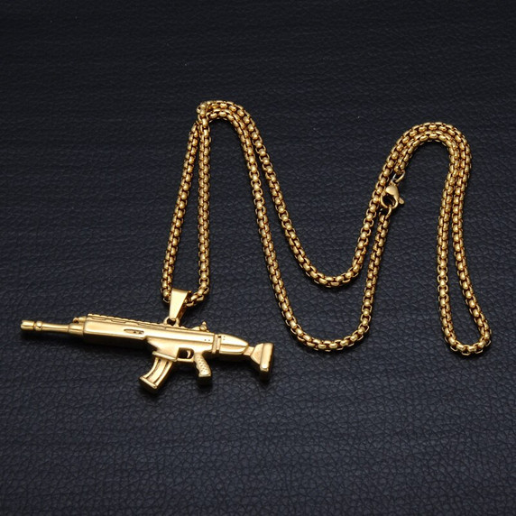 14k Gold over 316L Stainless Steel CSGO Gun Hip Hop Pendant Chain Necklaces
