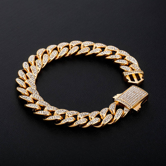 Mens Iced 12mm Stainless Steel Miami Cuban Link Spring Clasp Hip Hop Bracelets