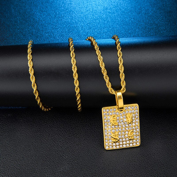 14k Gold Stainless Steel International Baller Bling Currency Hip Hop Dog Tags Micro Paved Pendant