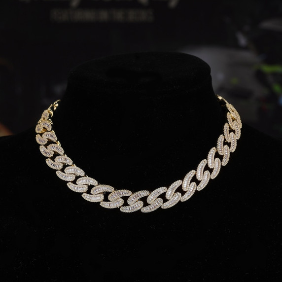 Mens 14mm Hip Hop Fashin Oval Baguette Prong Set Street Wear Bling Link Chain Necklace