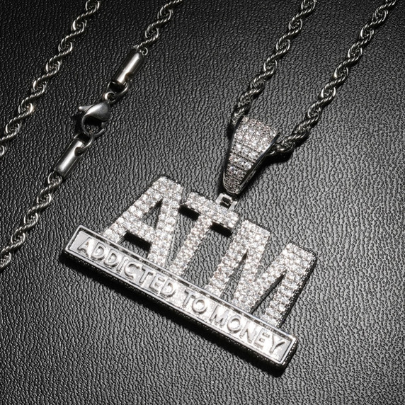 Mens 18k White Yellow Gold ATM Addicted To Money Micro Pave Flooded Ice Pendant Chain